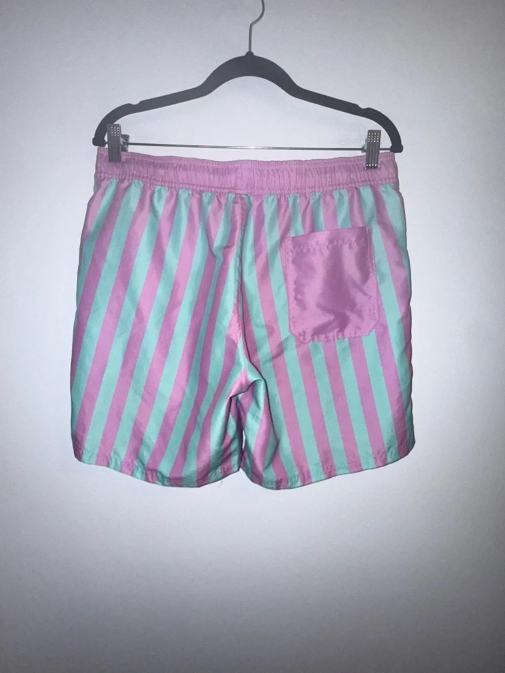MAD Engine Men’s Swim Trunks Medium Pink Mint Stripe Retro Beach Shorts Lined